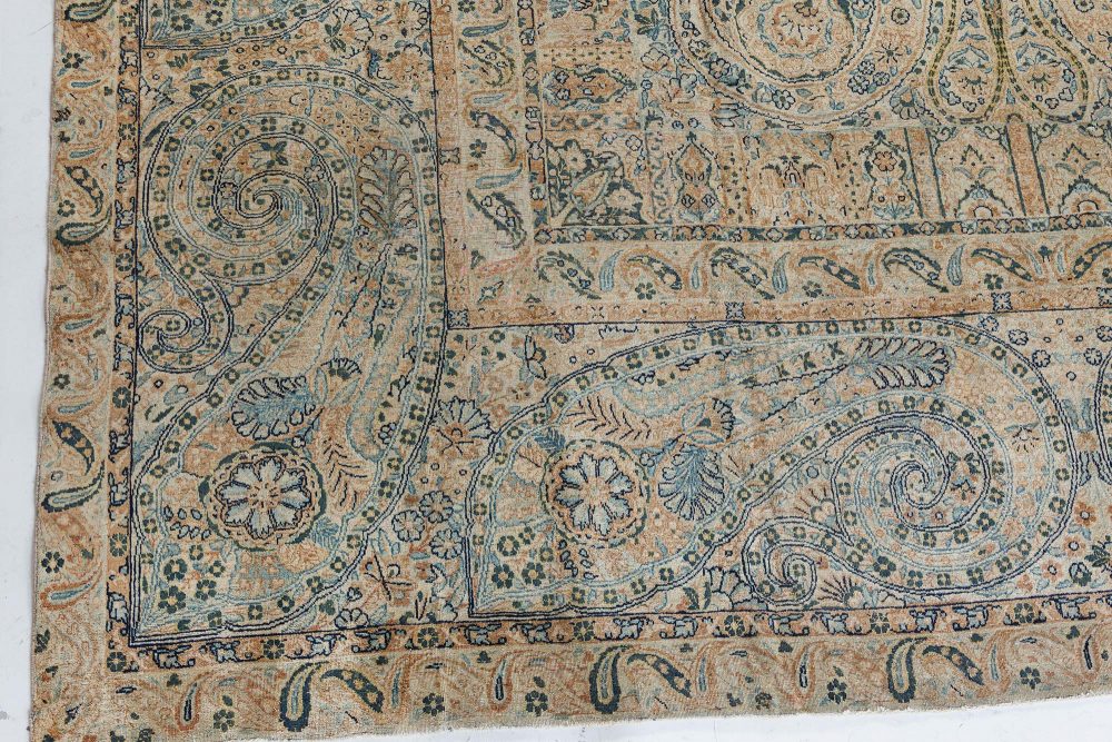 Antique Persian Kirman Blue, Green, Beige Handmade Wool Rug BB7272