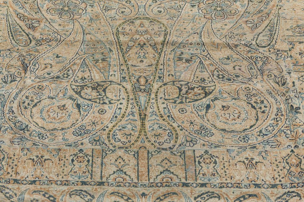 Antique Persian Kirman Blue, Green, Beige Handmade Wool Rug BB7272