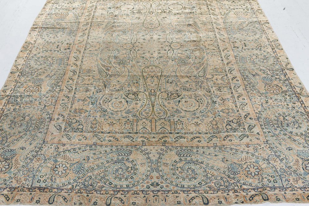 Antique Persian Kirman Blue, Green, Beige Handmade Wool Rug BB7272