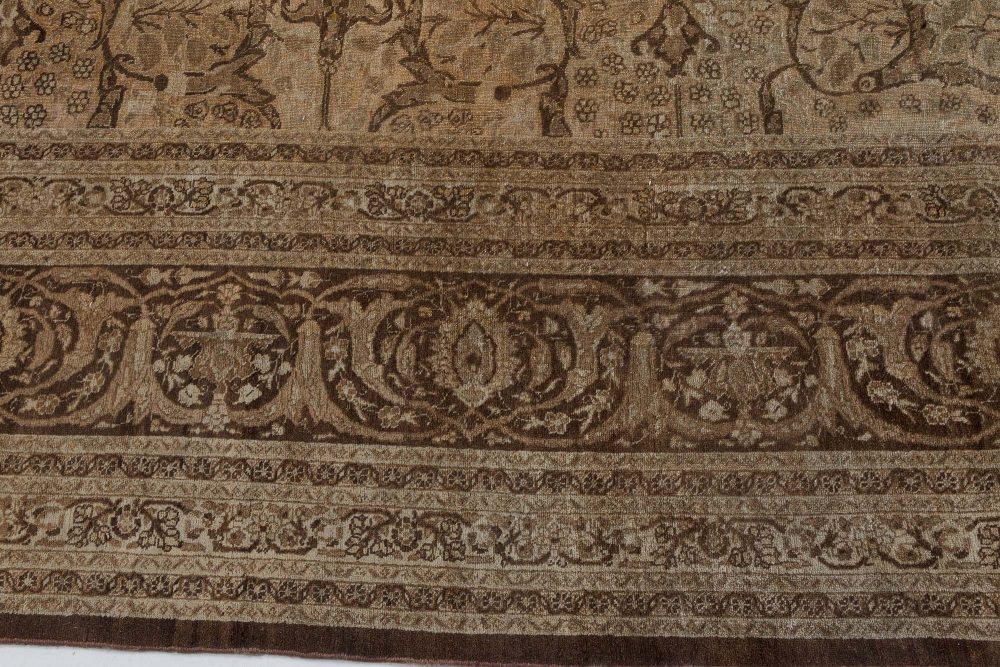 Authentic 19th Century Persian Tabriz Botanic Beige Brown Carpet BB7273