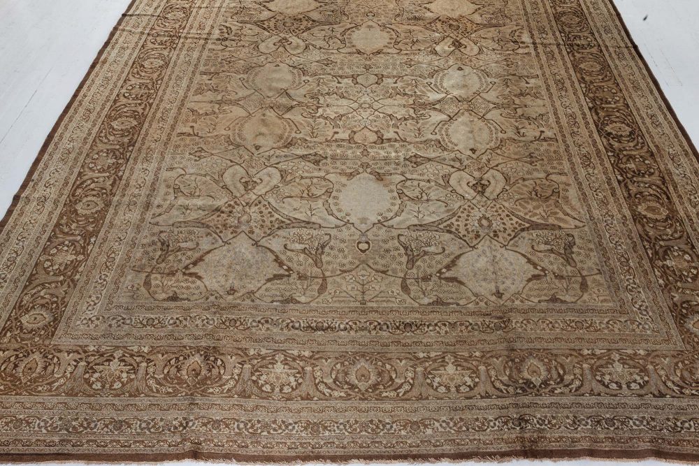 Authentic 19th Century Persian Tabriz Botanic Beige Brown Carpet BB7273