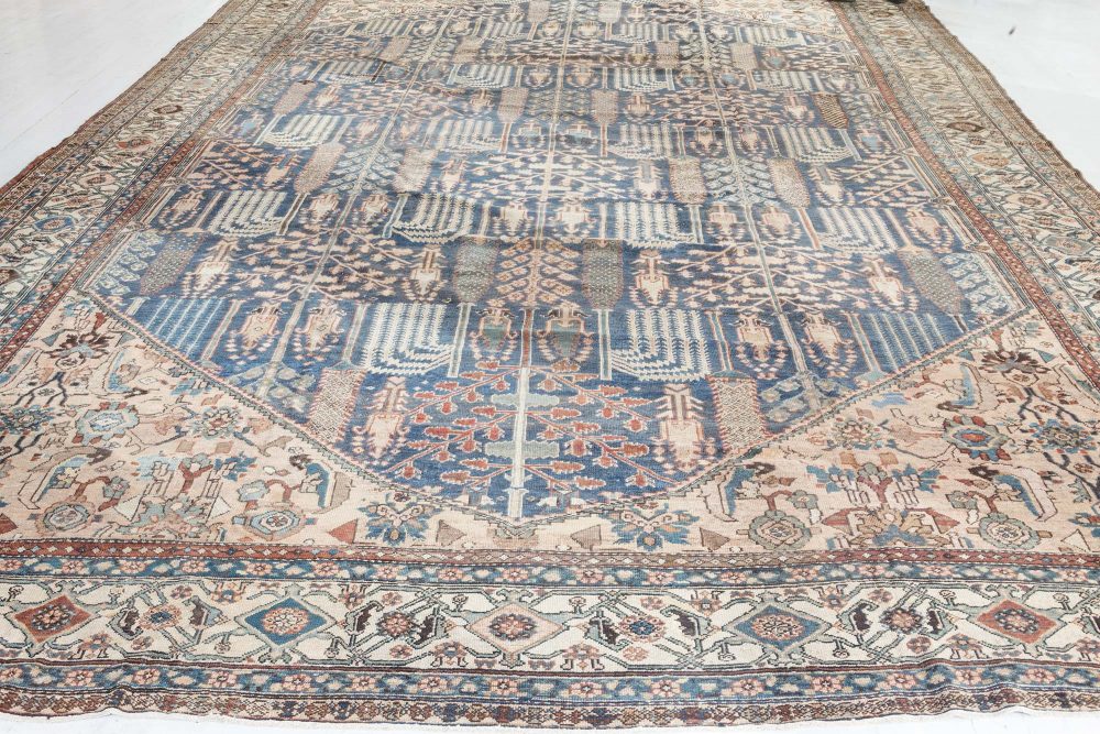 Early 20th Century Persian Bakhtiari Handmade Wool Rug in Blue, Red, Camel BB7288