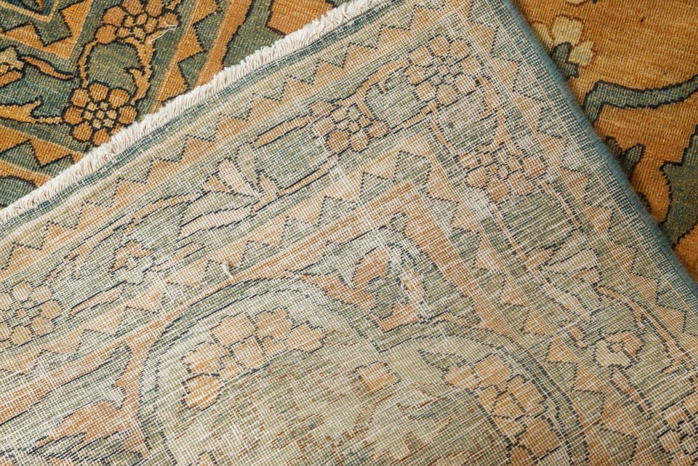 Antique Persian Kirman Green, Caramel and Cream Handwoven Wool Carpet BB7291