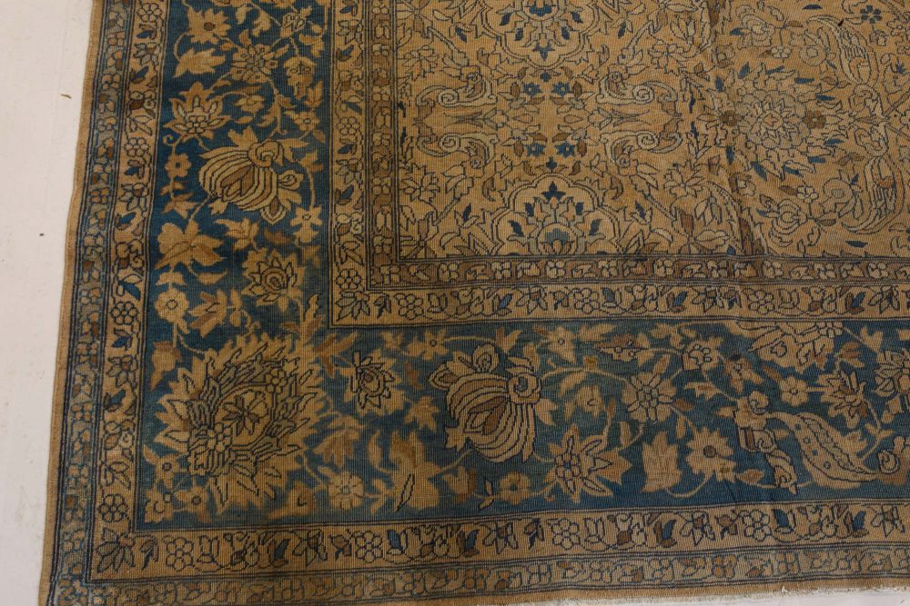 Authentic 19th Century Persian Tabriz Beige, Brown, Blue Handmade Wool Carpet BB7336