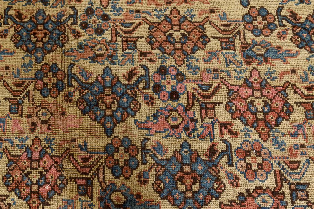 Authentic 1900s Turkish Oushak Botanic Blue, Beige, Pink Handmade Wool Carpet BB7394