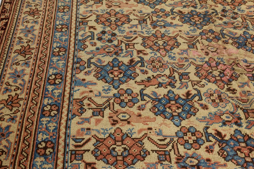 Authentic 1900s Turkish Oushak Botanic Blue, Beige, Pink Handmade Wool Carpet BB7394