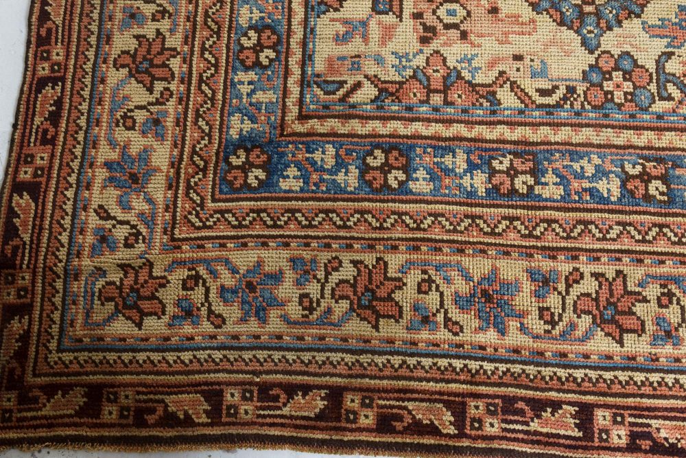 Authentic 1900s Turkish Oushak Botanic Blue, Beige, Pink Handmade Wool Carpet BB7394