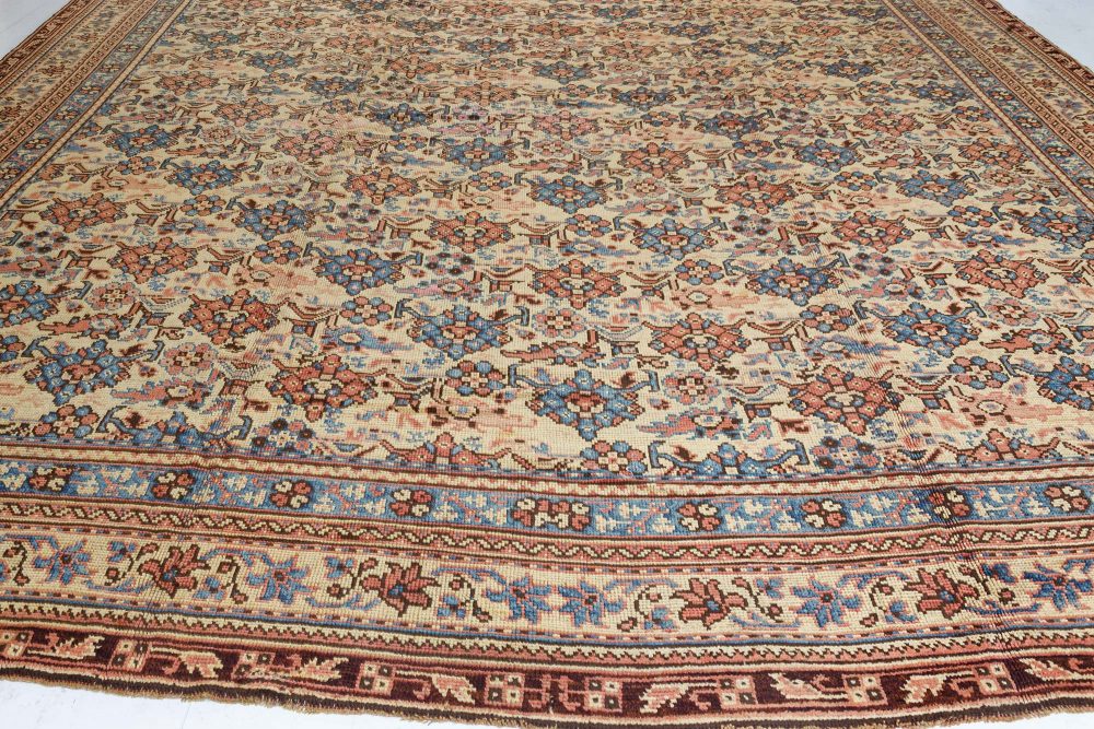 Authentic 1900s Turkish Oushak Botanic Blue, Beige, Pink Handmade Wool Carpet BB7394