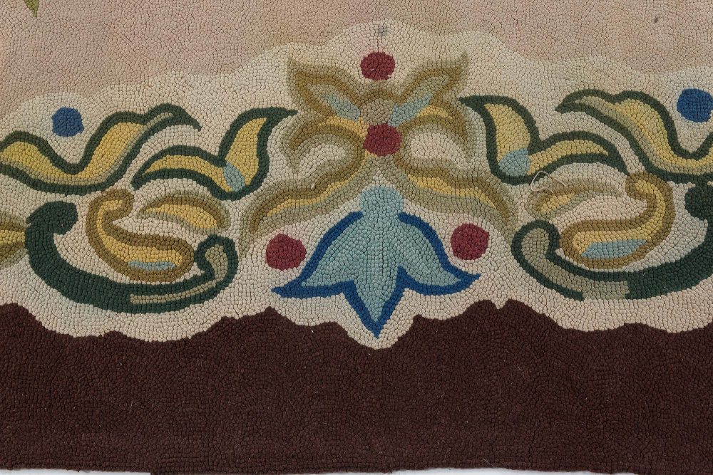 Midcentury Ivory with Lilac Flower-Head Hooked Wool Rug BB7401