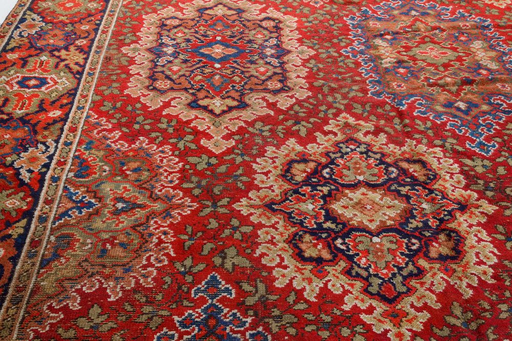 Antique English Axminster Botanic Red, Blue and Beige Handwoven Wool Rug BB7403