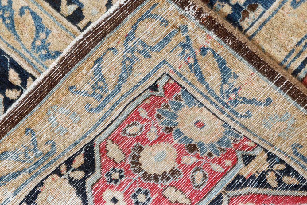 Antique Persian Tabriz Botanic Blue Red Beige Handmade Wool Carpet BB7404