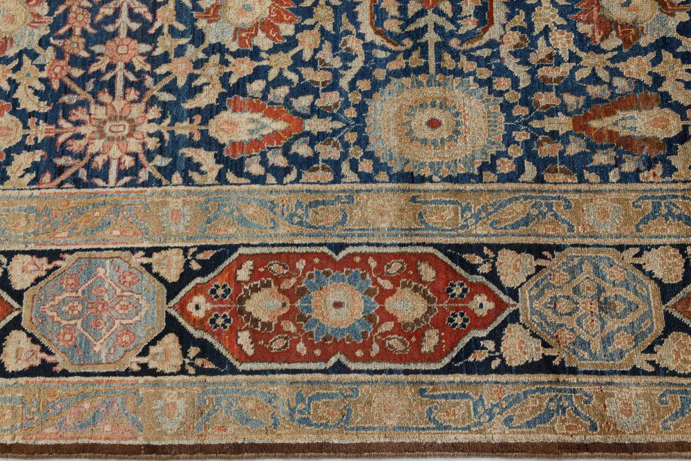 Antique Persian Tabriz Botanic Blue Red Beige Handmade Wool Carpet BB7404