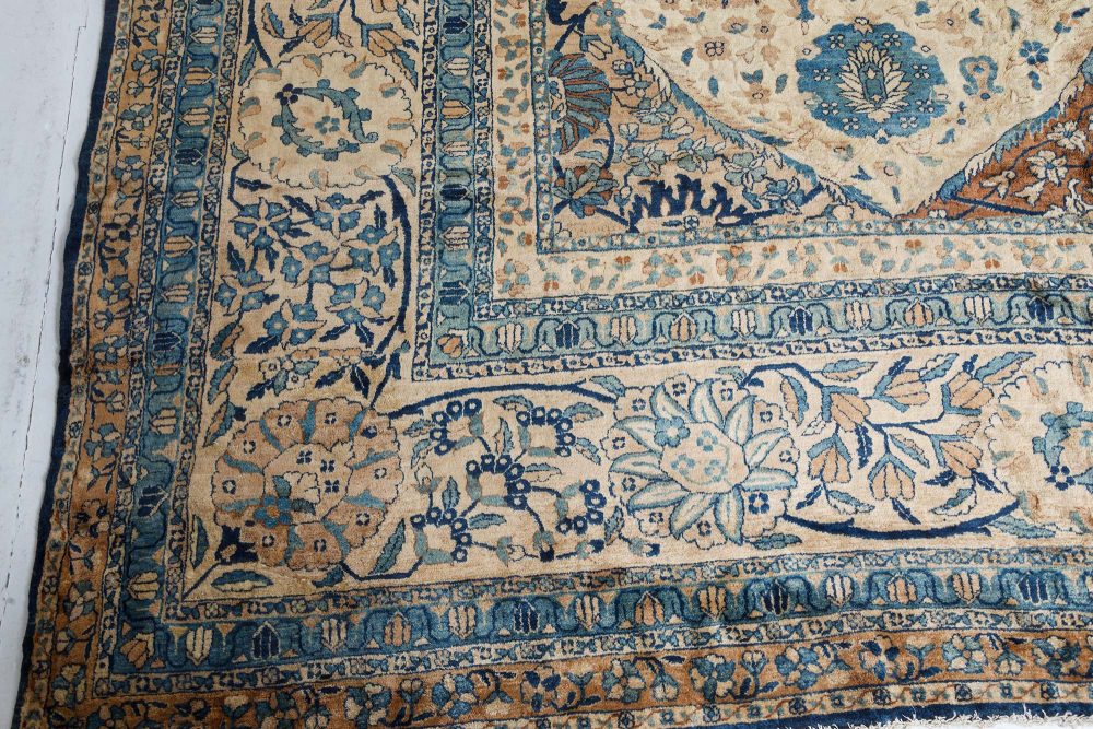 Antique Persian Kirman Rug in Blue Beige Brown BB7418