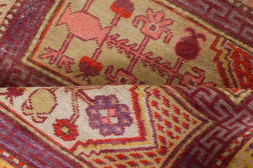 Mid-20th century Khotan “Samarkand” Purple, Red and Yellow Handmade Wool Rug BB7425