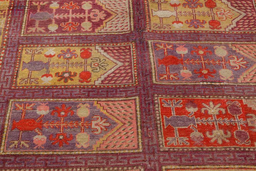 Mid-20th century Khotan “Samarkand” Purple, Red and Yellow Handmade Wool Rug BB7425