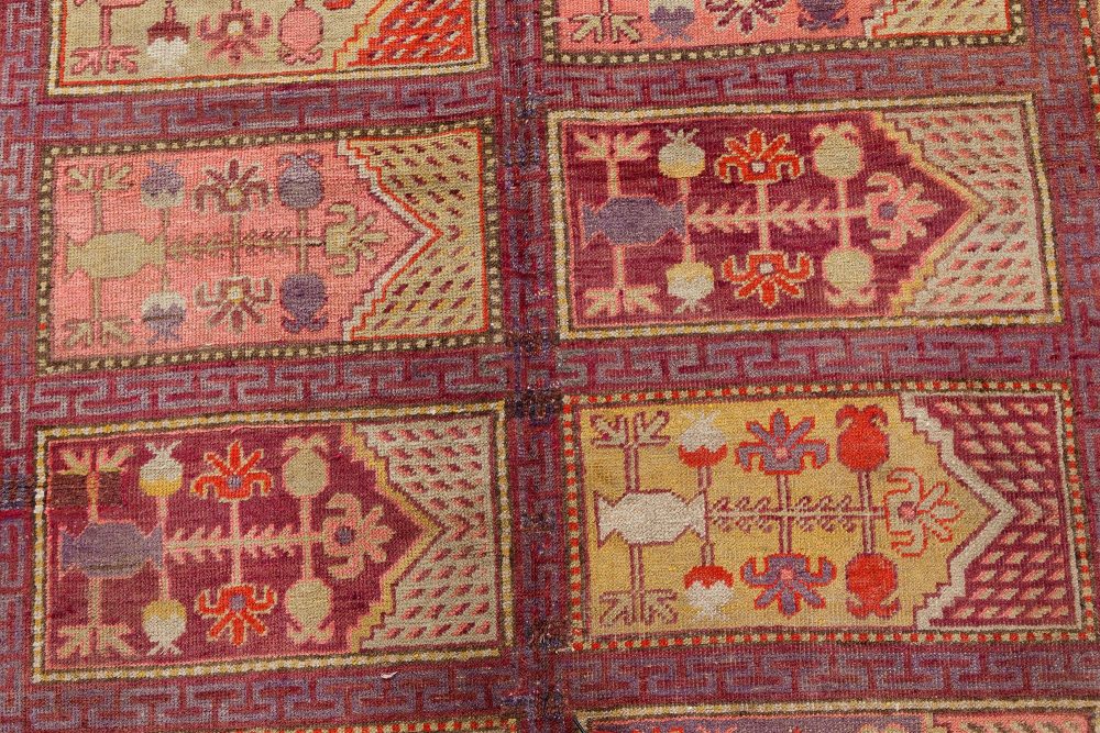 Mid-20th century Khotan “Samarkand” Purple, Red and Yellow Handmade Wool Rug BB7425