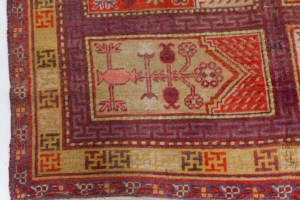 Mid-20th century Khotan “Samarkand” Purple, Red and Yellow Handmade Wool Rug BB7425