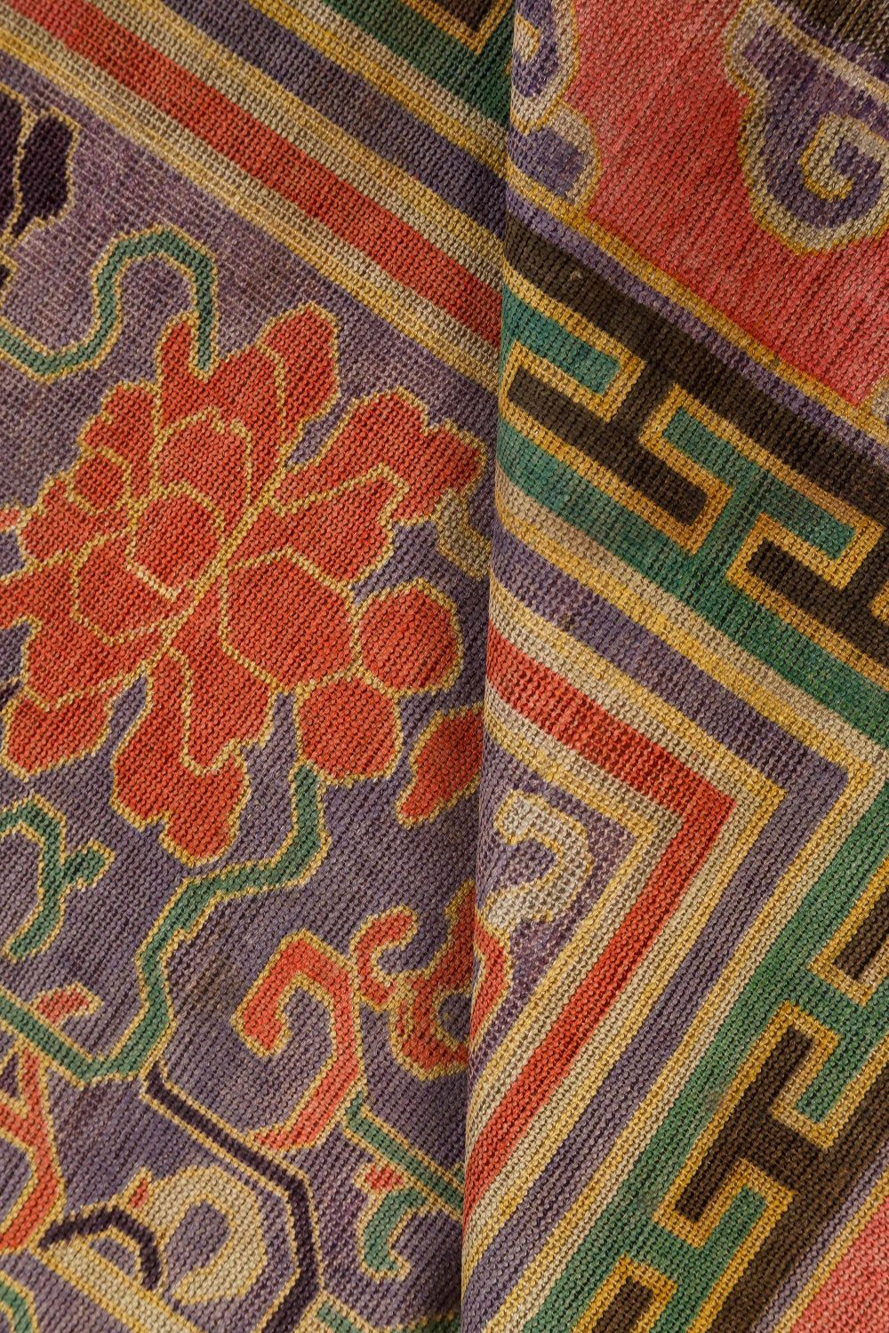 Vintage Chinese Bold, Botanic Silk Carpet in Purple, Red, Beige, Green BB7435