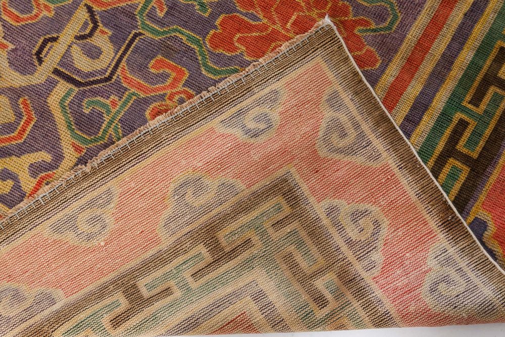 Vintage Chinese Bold, Botanic Silk Carpet in Purple, Red, Beige, Green BB7435