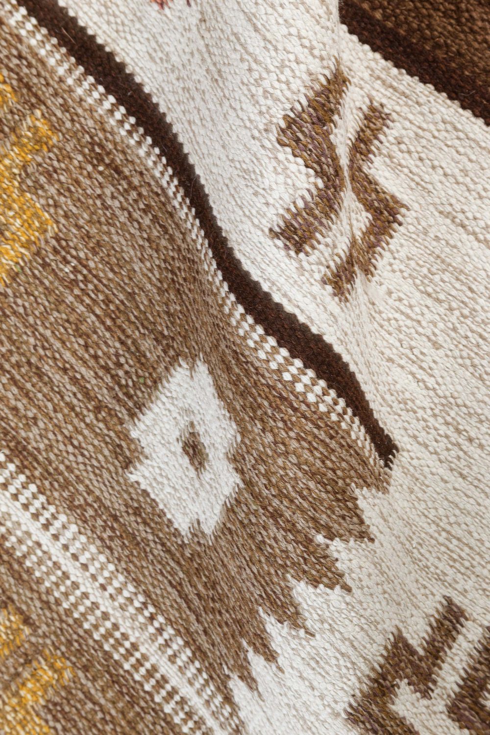 Mid-20th Century Geometric Brown, Ivory, Yellow Scandinavian Handmade Wool Rug BB7438