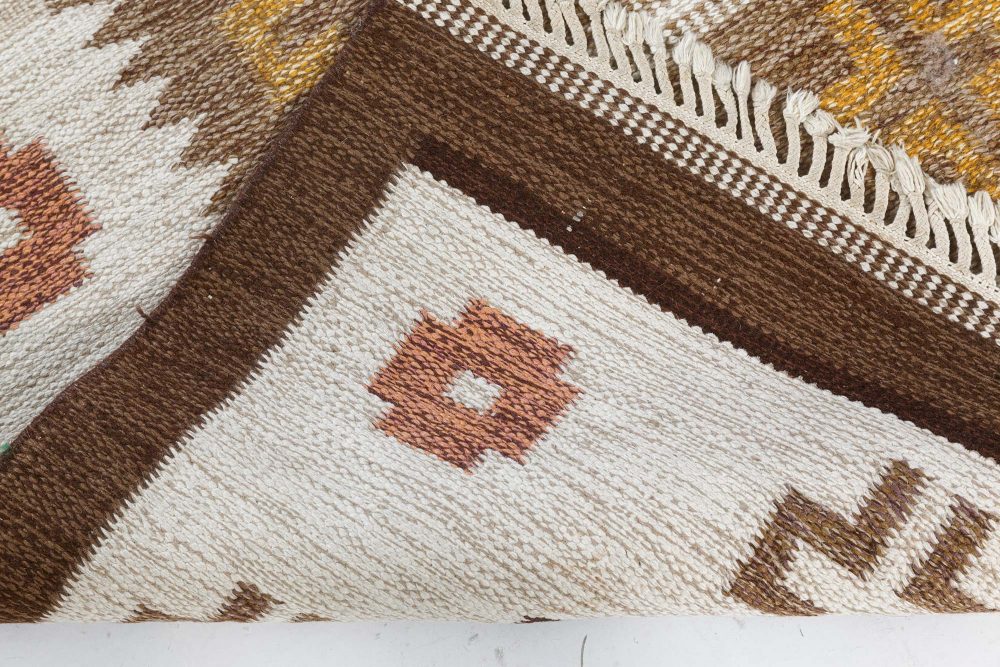 Mid-20th Century Geometric Brown, Ivory, Yellow Scandinavian Handmade Wool Rug BB7438