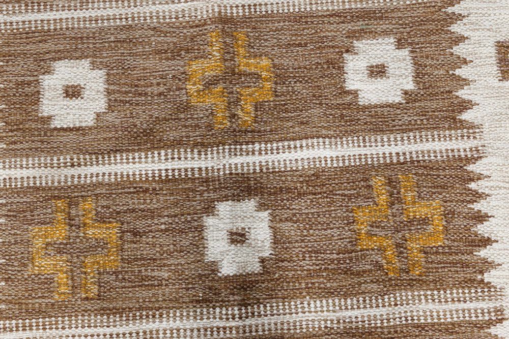 Mid-20th Century Geometric Brown, Ivory, Yellow Scandinavian Handmade Wool Rug BB7438