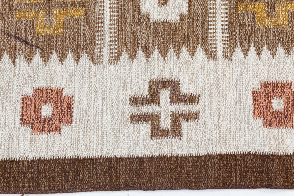 Mid-20th Century Geometric Brown, Ivory, Yellow Scandinavian Handmade Wool Rug BB7438
