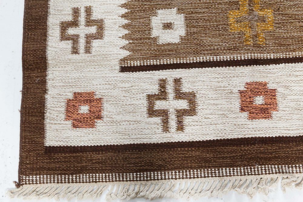 Mid-20th Century Geometric Brown, Ivory, Yellow Scandinavian Handmade Wool Rug BB7438