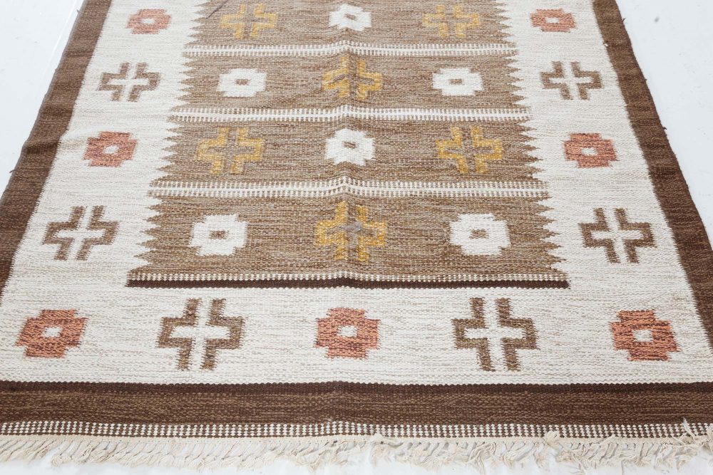 Mid-20th Century Geometric Brown, Ivory, Yellow Scandinavian Handmade Wool Rug BB7438