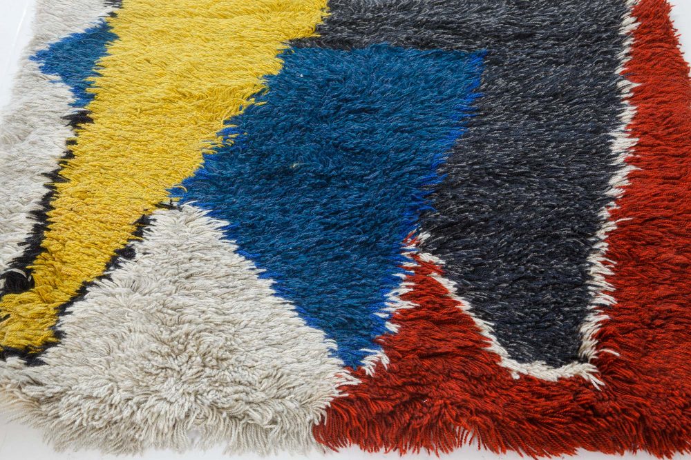 Mid-20th Century Scandinavian Yellow, Blue, Red, Black Handwoven Wool Rug BB7440