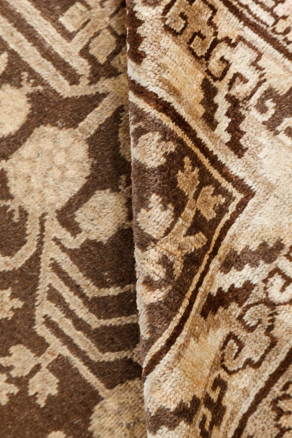 Vintage Samarkand (Khotan) Botanic Handmade Wool Rug in Brown and Beige BB7443