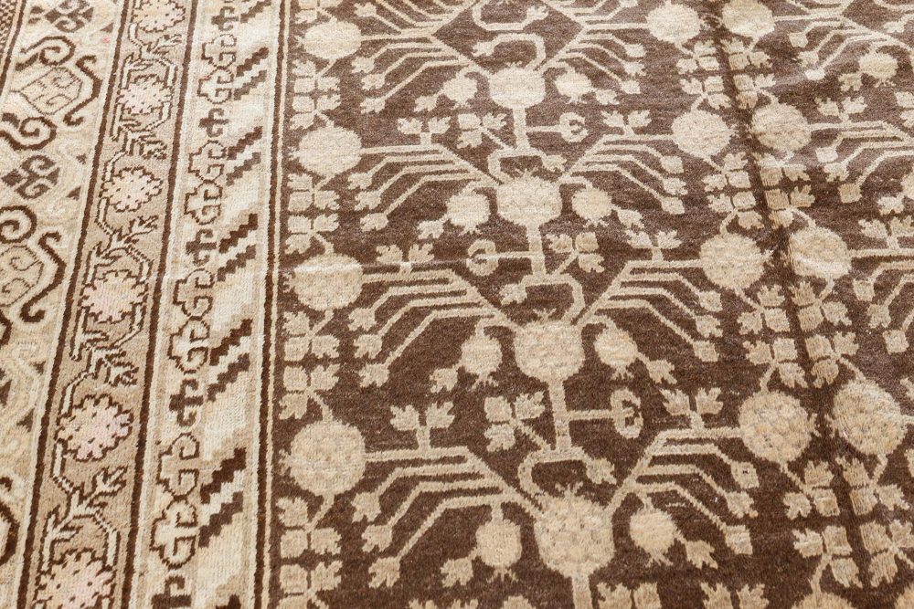 Vintage Samarkand (Khotan) Botanic Handmade Wool Rug in Brown and Beige BB7443