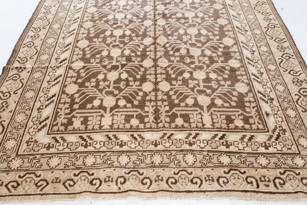 Vintage Samarkand (Khotan) Botanic Handmade Wool Rug in Brown and Beige BB7443