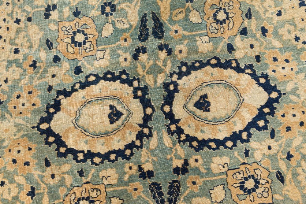 Antique Beige, Blue Botanic Persian Tabriz Handmade Wool Rug BB7479