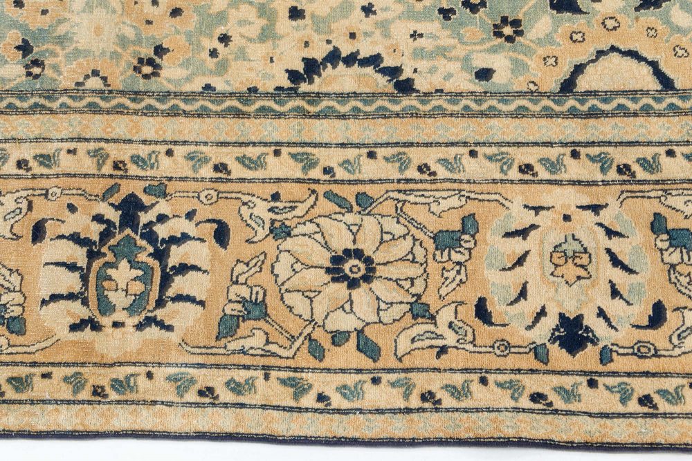 Antique Beige, Blue Botanic Persian Tabriz Handmade Wool Rug BB7479