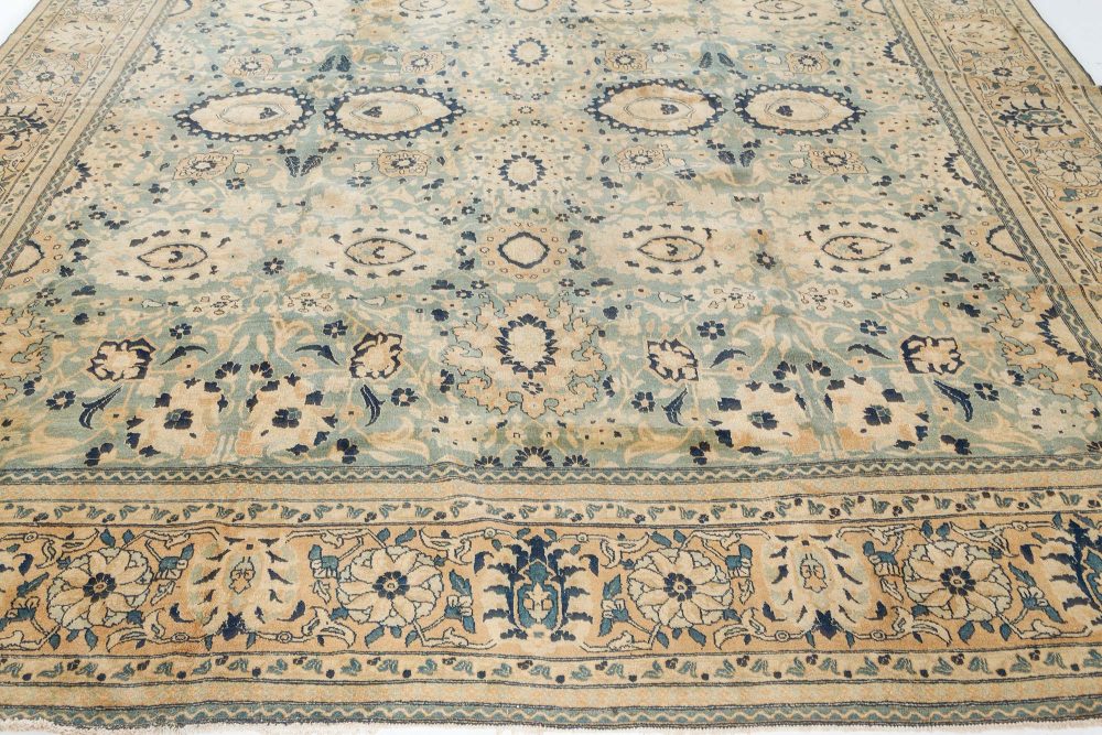 Antique Beige, Blue Botanic Persian Tabriz Handmade Wool Rug BB7479