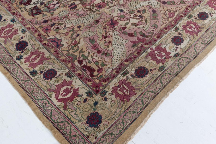 Authentic 19th Century Indian Amritsar Floral Design Pink Blue Green Wool Rug BB7481