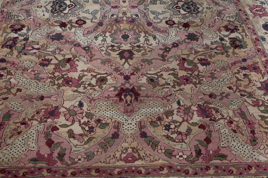 Authentic 19th Century Indian Amritsar Floral Design Pink Blue Green Wool Rug BB7481