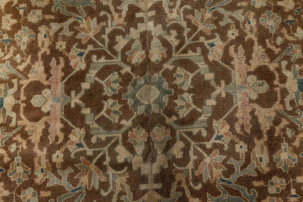 Antique Persian Sarouk Botanic Brown Handmade Wool Rug BB7488