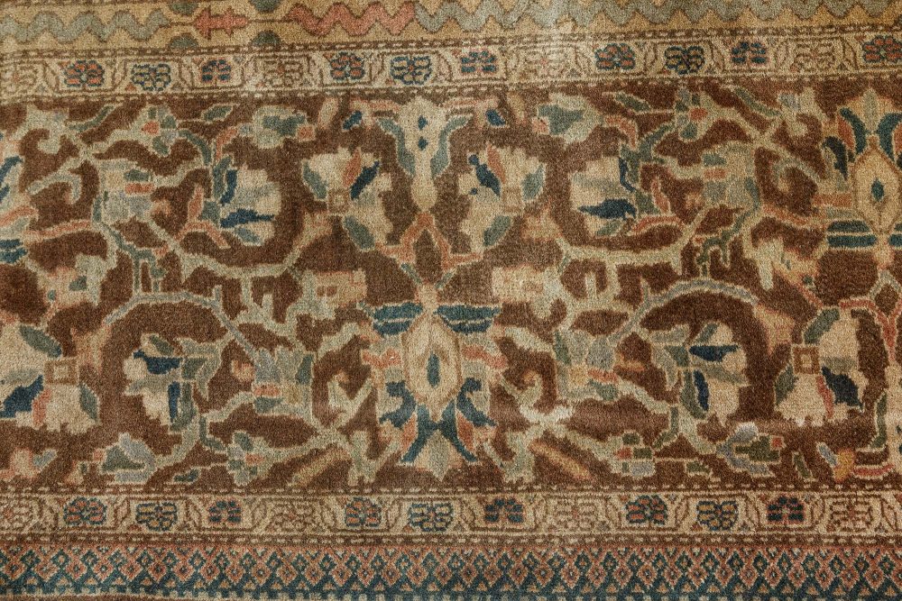 Antique Persian Sarouk Botanic Brown Handmade Wool Rug BB7488