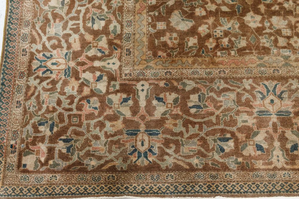 Antique Persian Sarouk Botanic Brown Handmade Wool Rug BB7488
