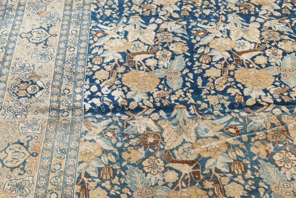 Antique Persian Tabriz Floral Design Blue Handmade Wool Rug BB7490