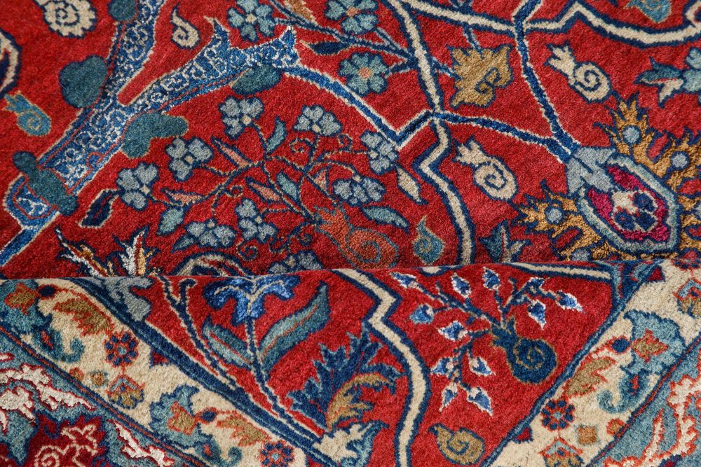 One-of-a-Kind Antique Persian Tehran Botanic Red, Blue Handmade Wool Rug BB7491