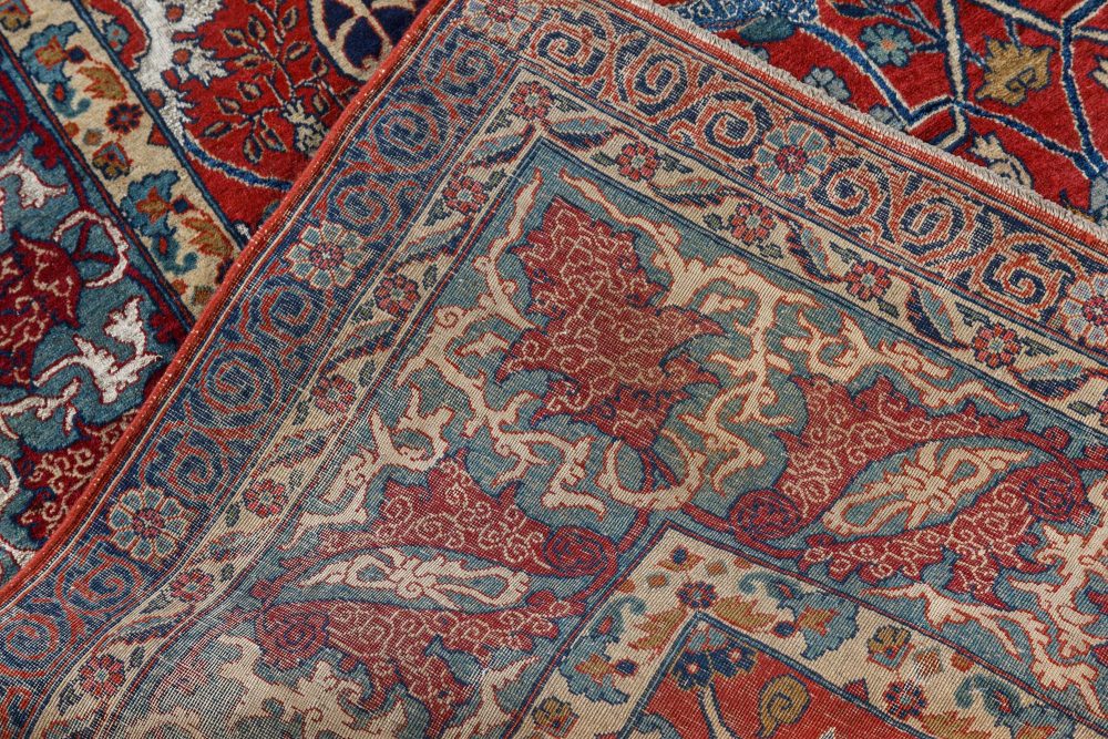 One-of-a-Kind Antique Persian Tehran Botanic Red, Blue Handmade Wool Rug BB7491