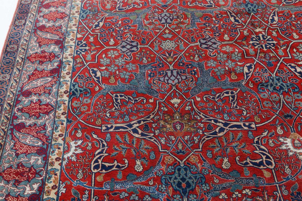 One-of-a-Kind Antique Persian Tehran Botanic Red, Blue Handmade Wool Rug BB7491