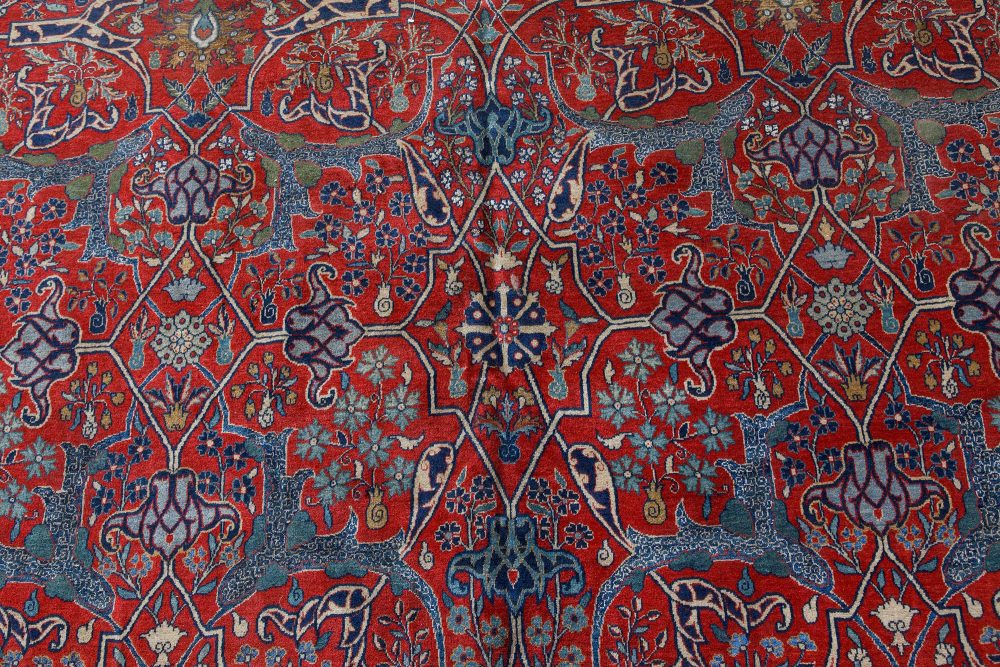 One-of-a-Kind Antique Persian Tehran Botanic Red, Blue Handmade Wool Rug BB7491