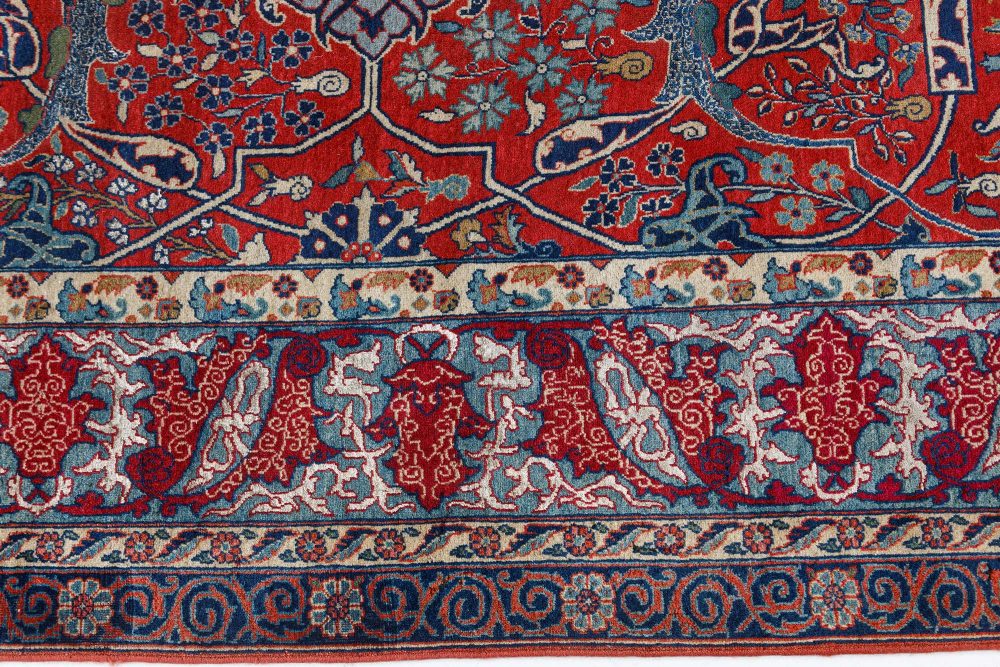 One-of-a-Kind Antique Persian Tehran Botanic Red, Blue Handmade Wool Rug BB7491