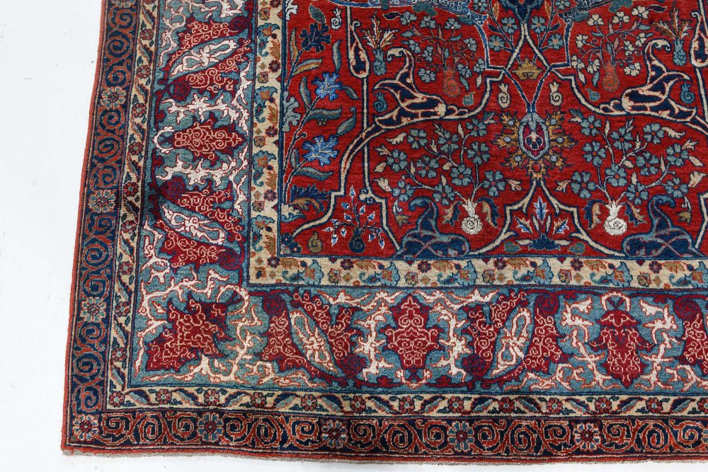 One-of-a-Kind Antique Persian Tehran Botanic Red, Blue Handmade Wool Rug BB7491