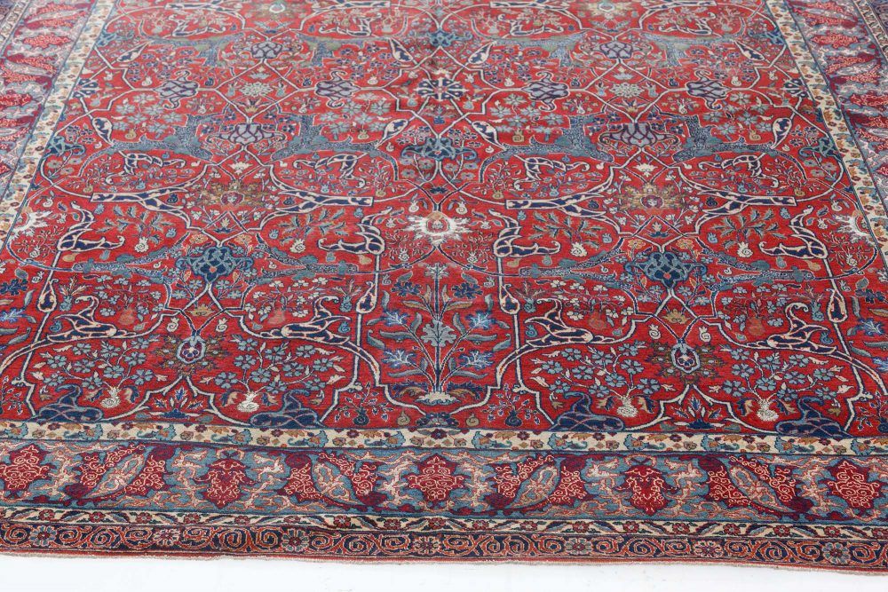 One-of-a-Kind Antique Persian Tehran Botanic Red, Blue Handmade Wool Rug BB7491