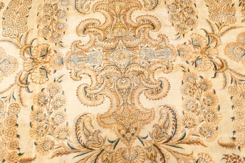Antique Botanic Persian Kirman Beige, Brown, Blue Handmade Wool Rug BB7513